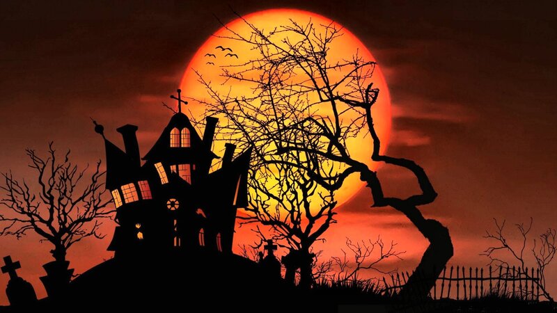 Haunted House at Night — Orange, Spooky, Digital Art, Moon