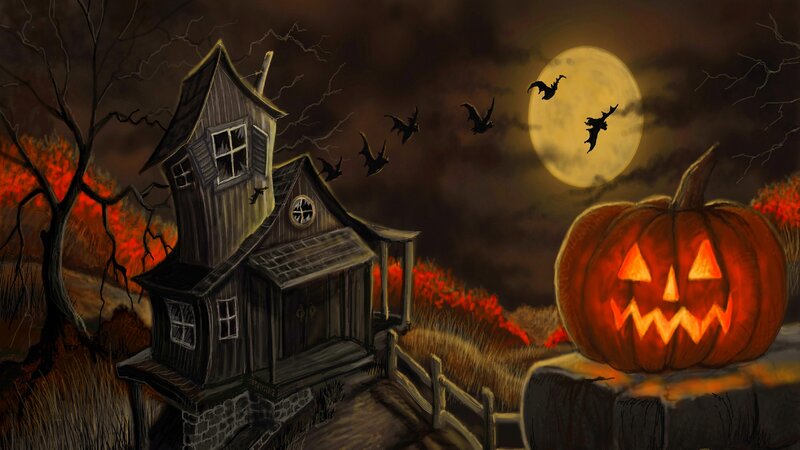 Haunted House at Night — Orange, Spooky, Digital Art, Pumpkin