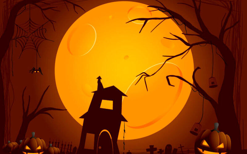 Haunted House at Night — Orange, Spooky, Digital Art