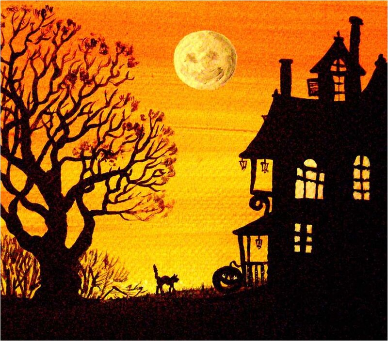 Haunted House at Night — Orange, Spooky, Illustration