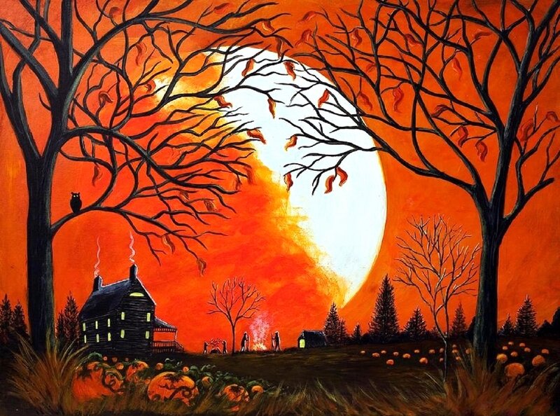 Haunted House at Night — Orange, Spooky, Painting