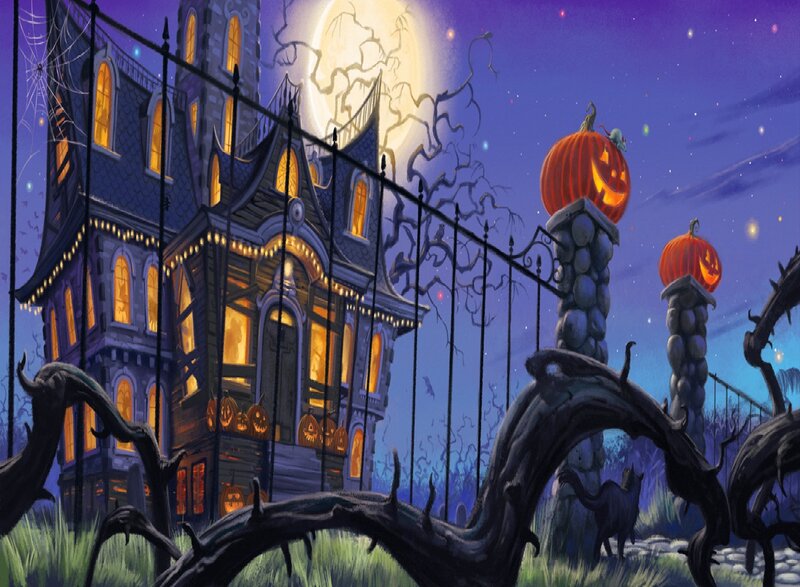 Haunted House at Night — Purple, Spooky, Digital Art, Pumpkins