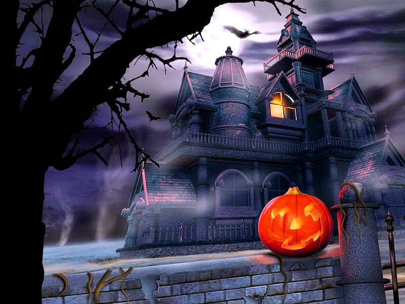 Haunted House at Night — Purple, Spooky, Digital Art