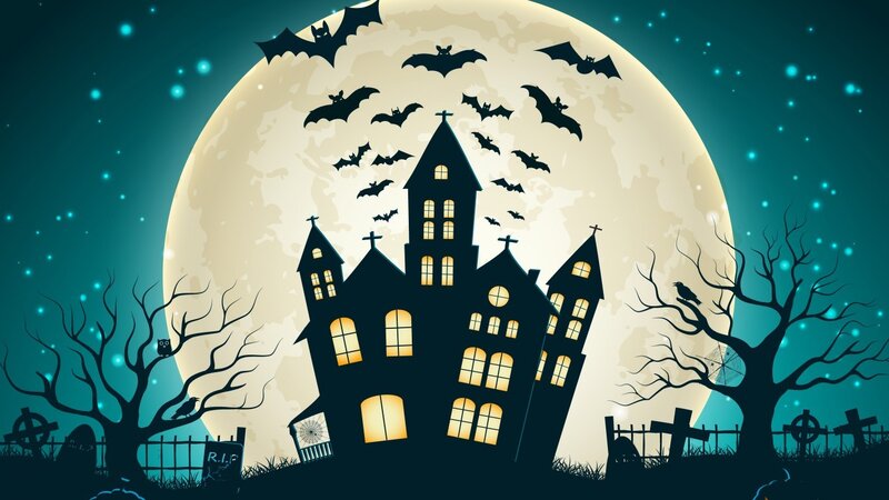 Haunted House at Night — Teal, Spooky