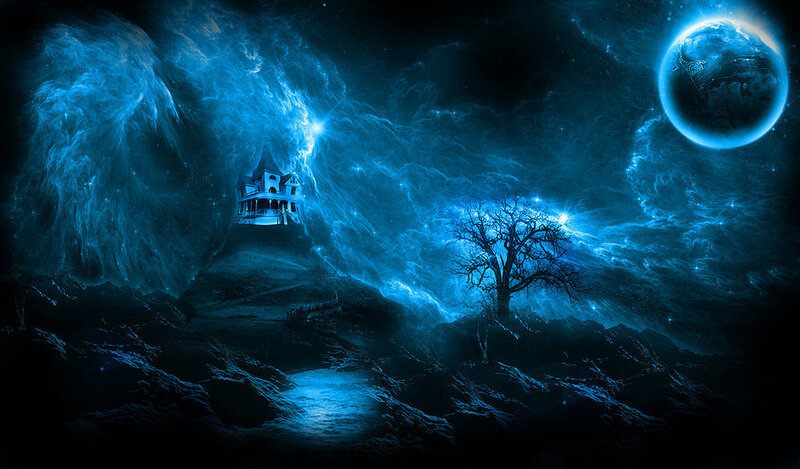 haunted house in blue night