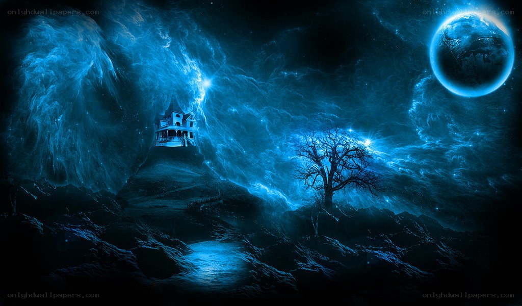 haunted house in blue night