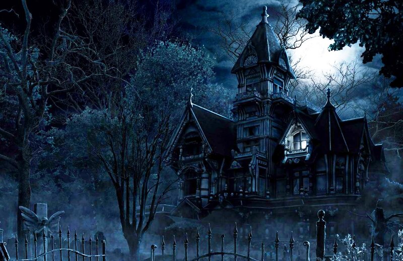 Haunted House in Cemetery — Blue