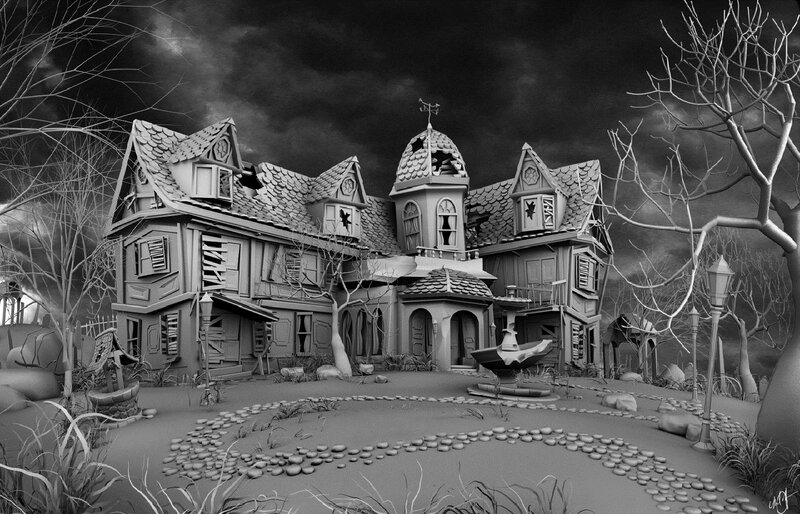 Haunted House in Graveyard — Black, Creepy