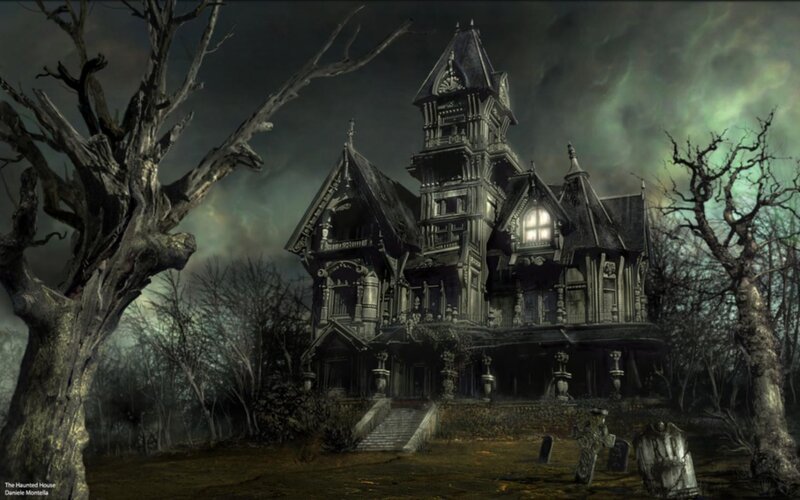 Haunted House in Graveyard — Black, Dark