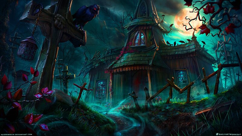 Haunted House in Graveyard — Green, Dark