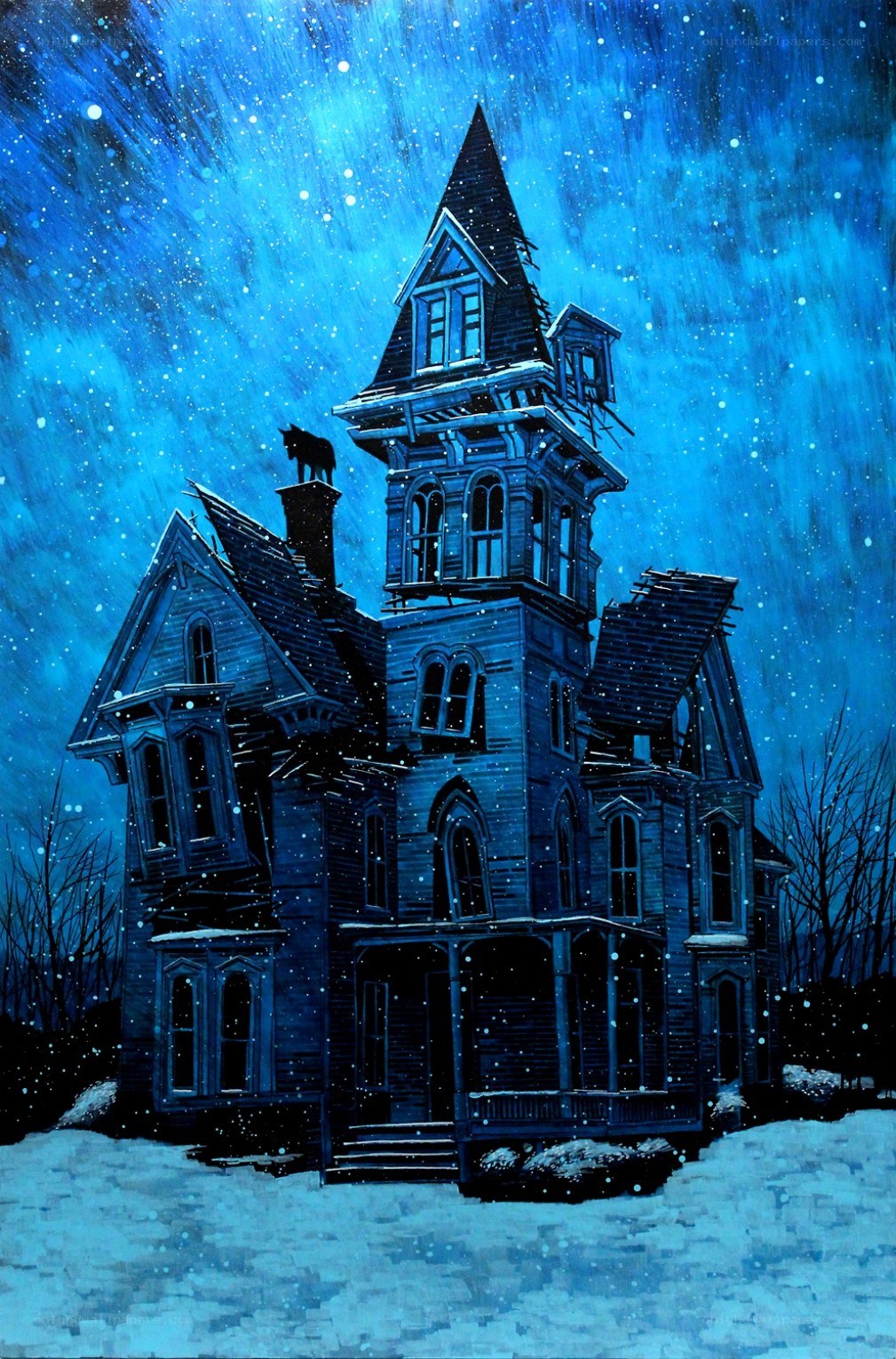 haunted house in snowstorm