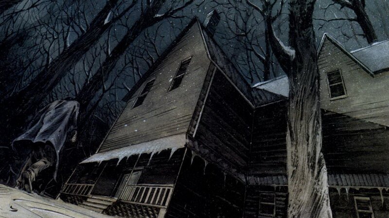 haunted house in snowy woods