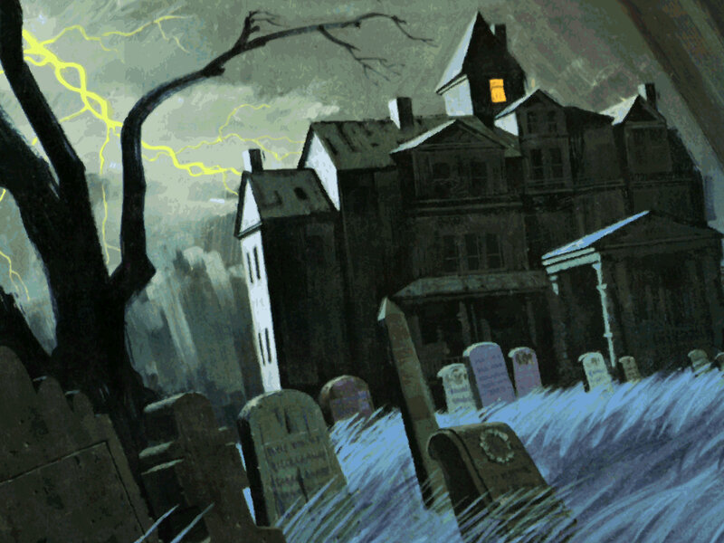 haunted house in stormy graveyard