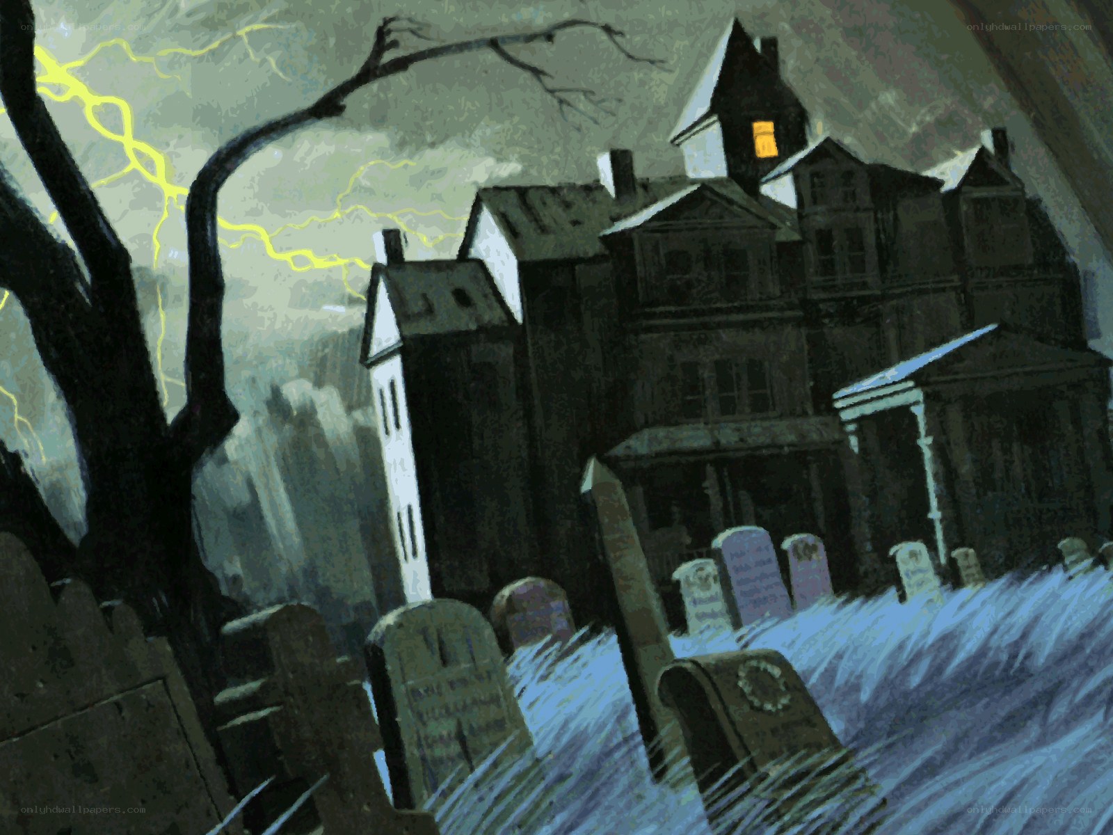 haunted house in stormy graveyard