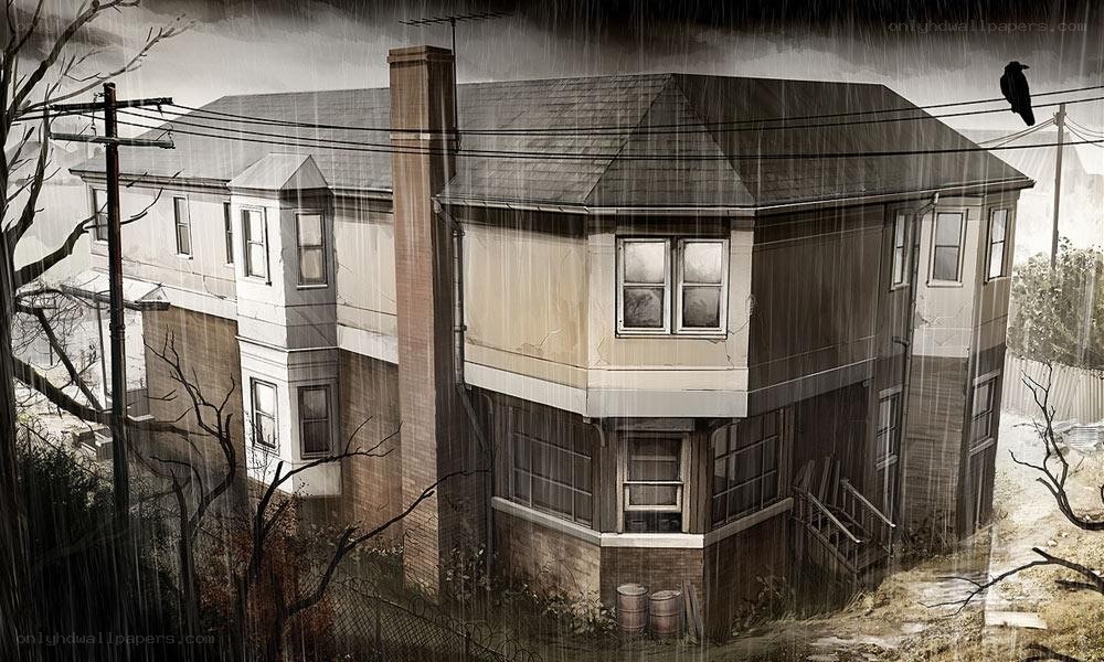 haunted house in the rain