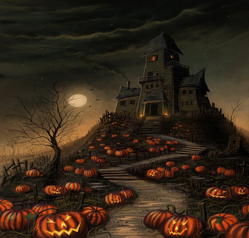 Haunted House on Hill — Orange, Spooky, Night
