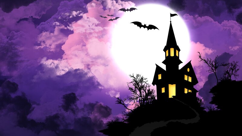 Haunted House on Hill — Purple, Spooky, Night, Digital Art, Moon, Bats, Trees