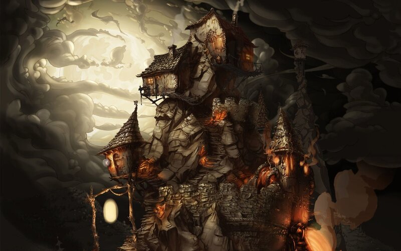 Haunted House on Rock — Gray, Dark, Night, Digital Art
