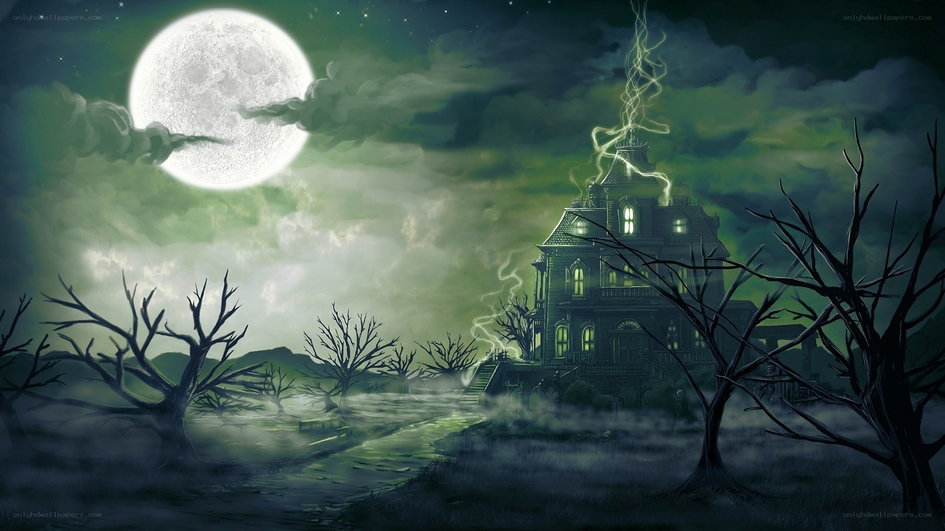haunted house under full moon