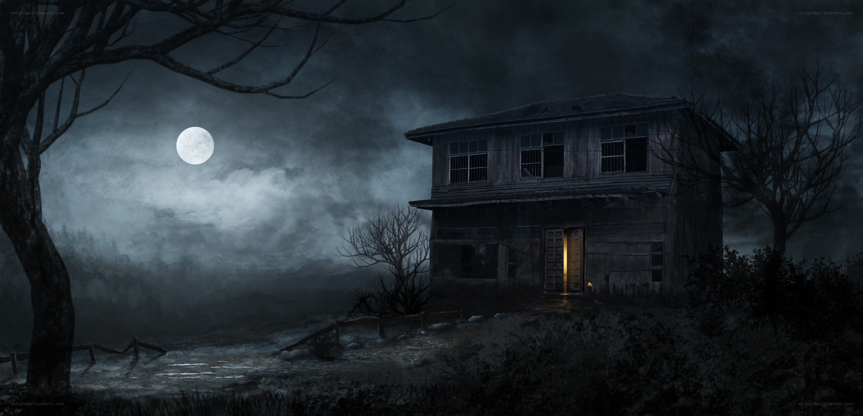 haunted house under moonlight