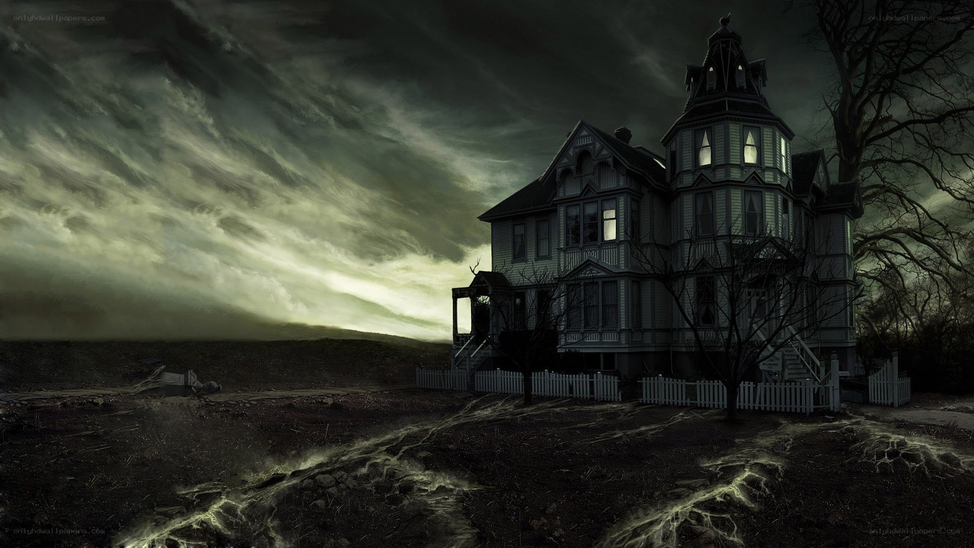 haunted house under stormy sky