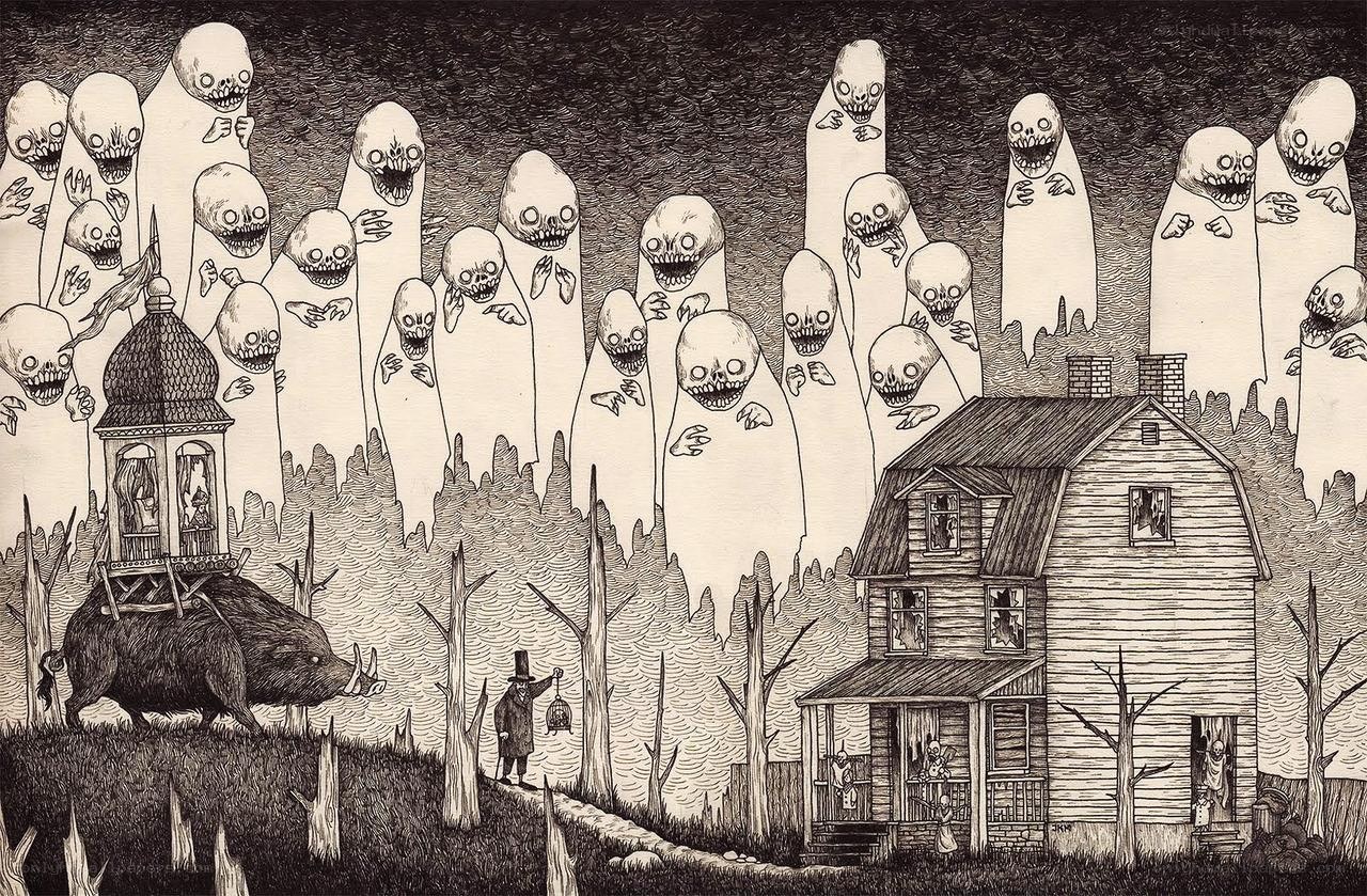 haunted house with ghostly figures