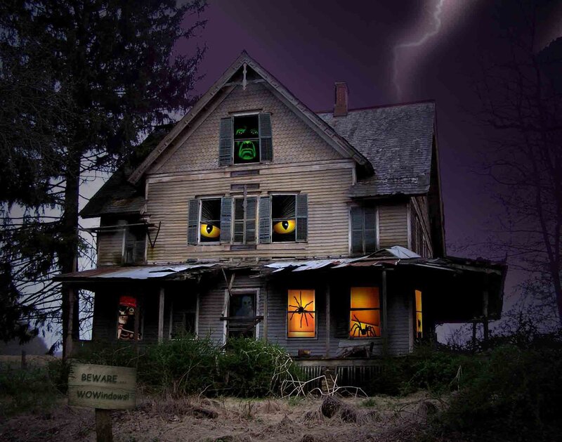 haunted house with glowing eyes