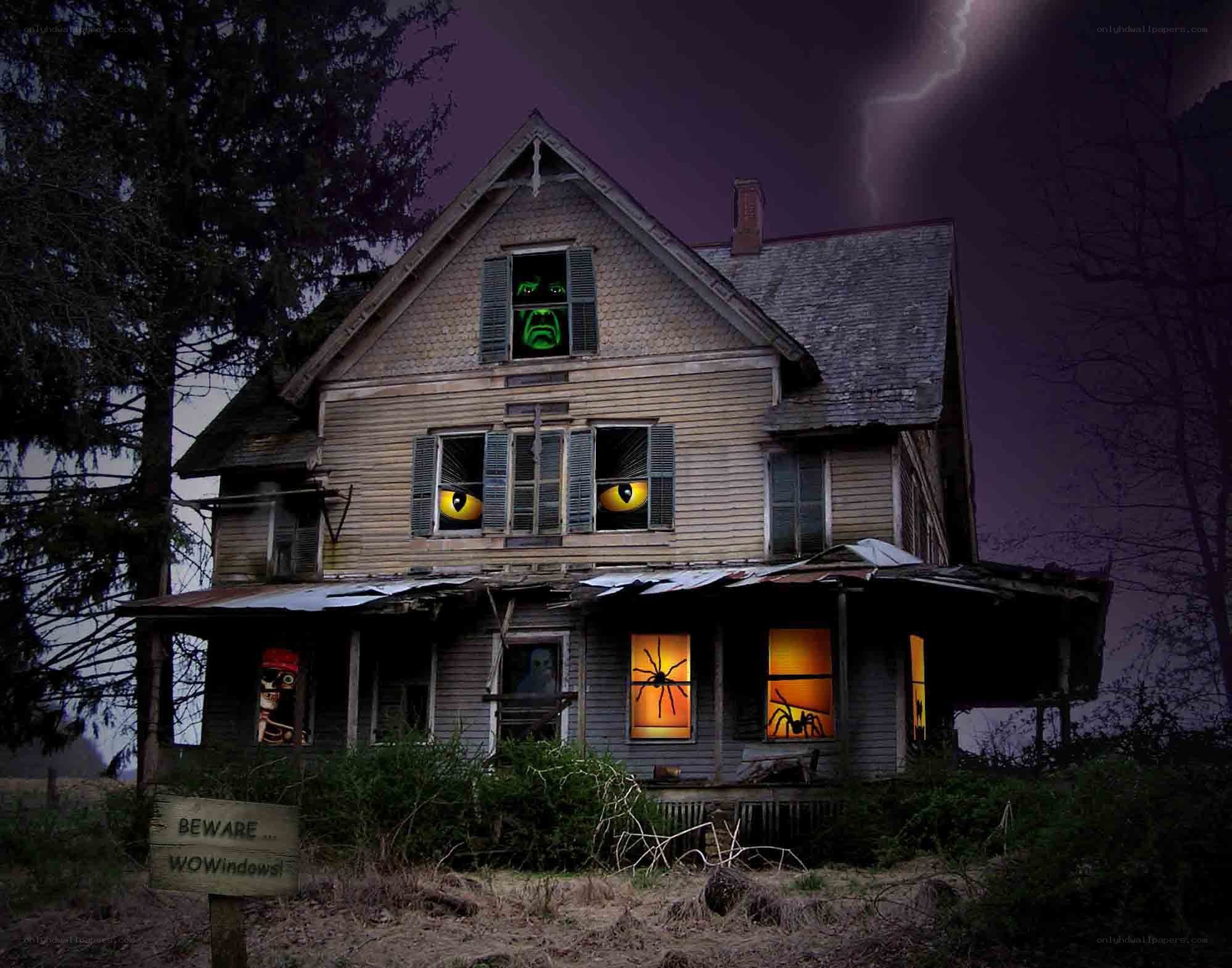 haunted house with glowing eyes