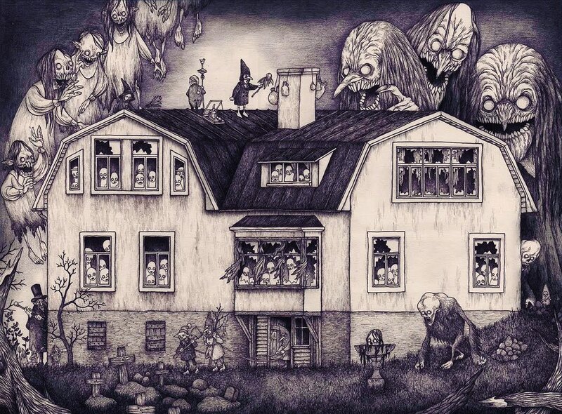 Haunted House with Monsters — Black, Dark, Night