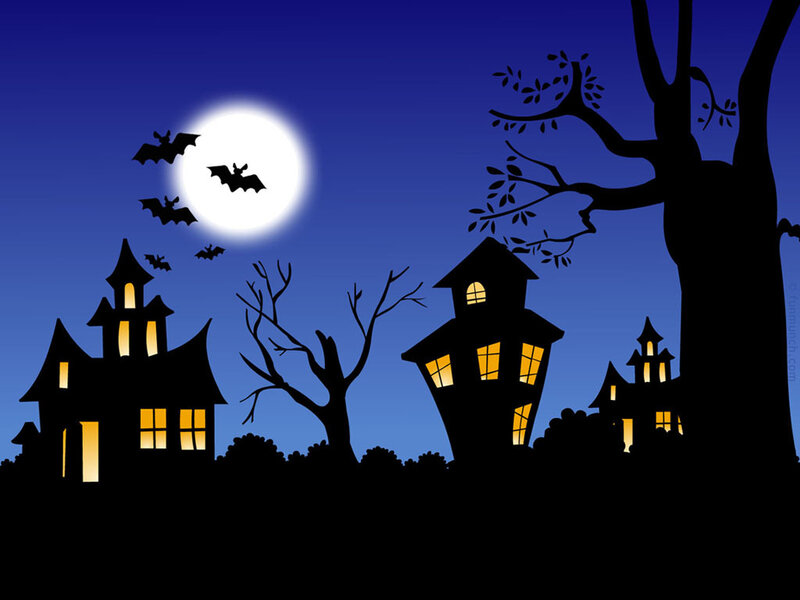 Haunted Houses at Night — Blue, Spooky, Illustration, Moon, Bats, Tree