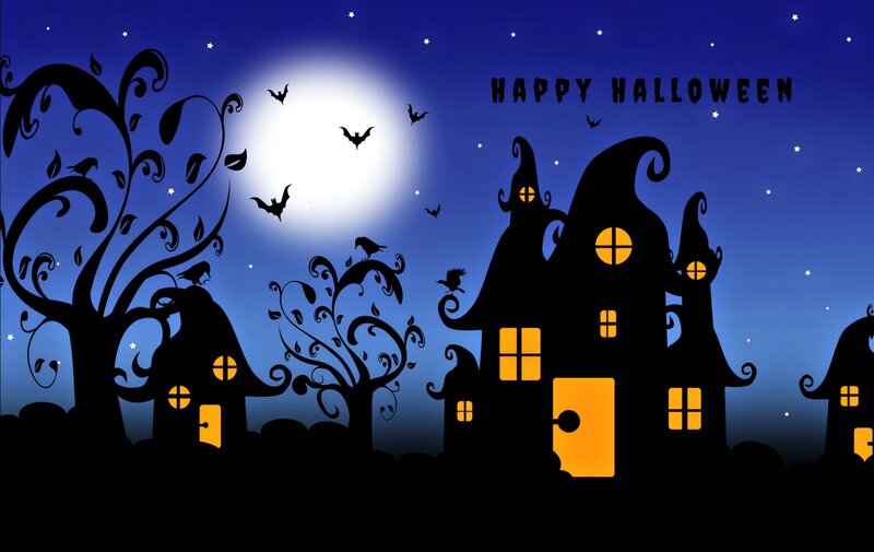 Haunted Houses at Night — Blue, Spooky, Illustration
