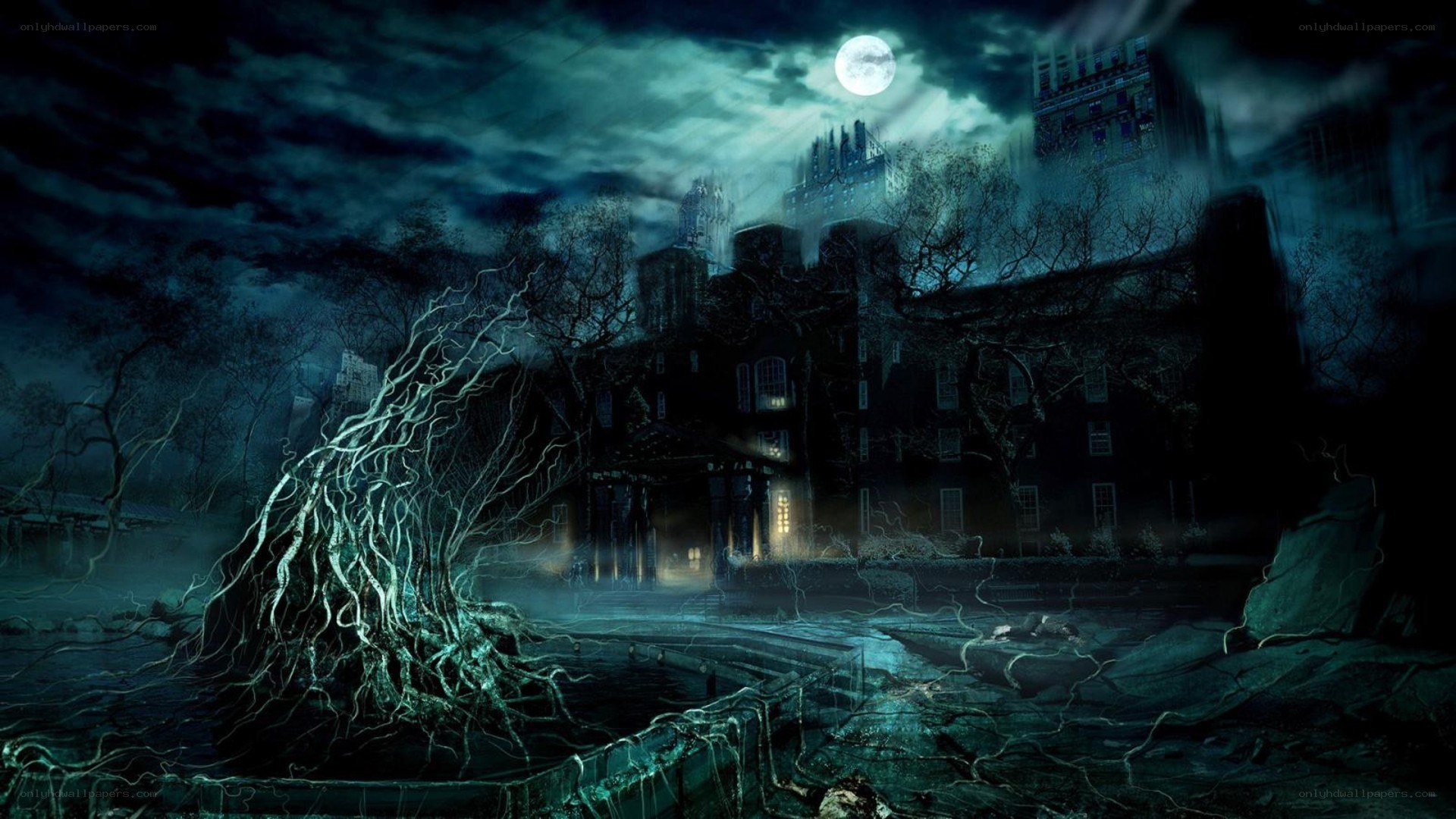 haunted mansion at night