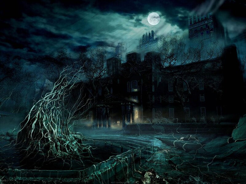 Haunted Mansion at Night — Black, Dark, Digital Art, Moon