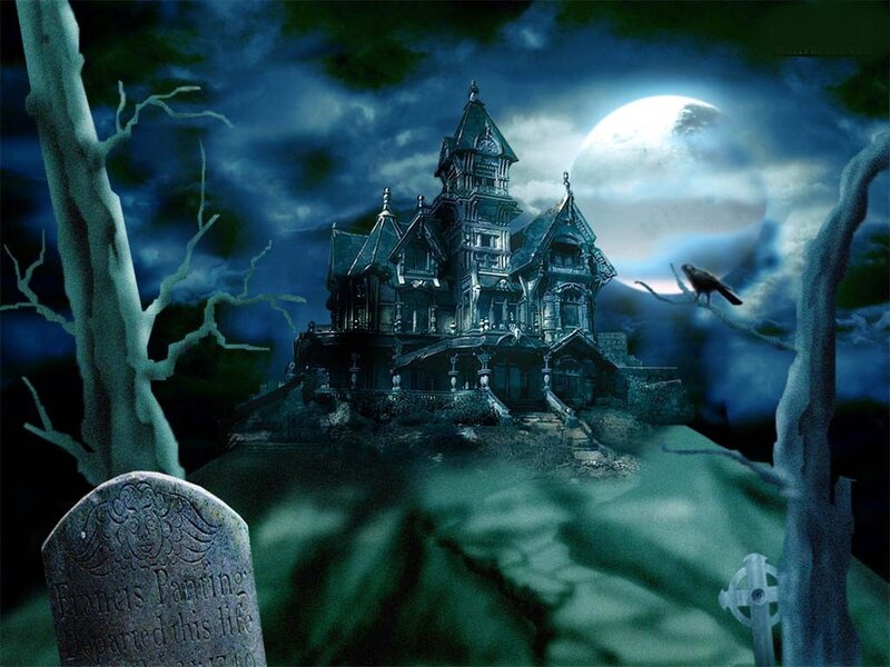 Haunted Mansion at Night — Blue, Dark, Digital Art, Moon, Raven