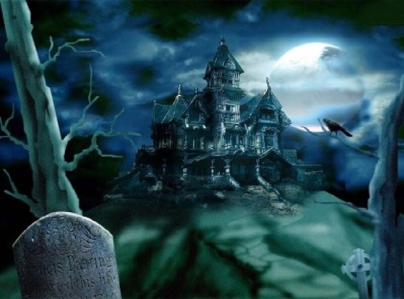 Haunted Mansion at Night — Blue, Dark, Digital Art, Moon