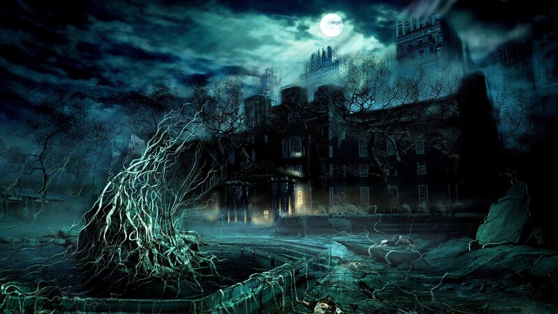 Haunted Mansion at Night — Blue, Dark, Digital Art, Moon, Tree Roots, Fog, Building