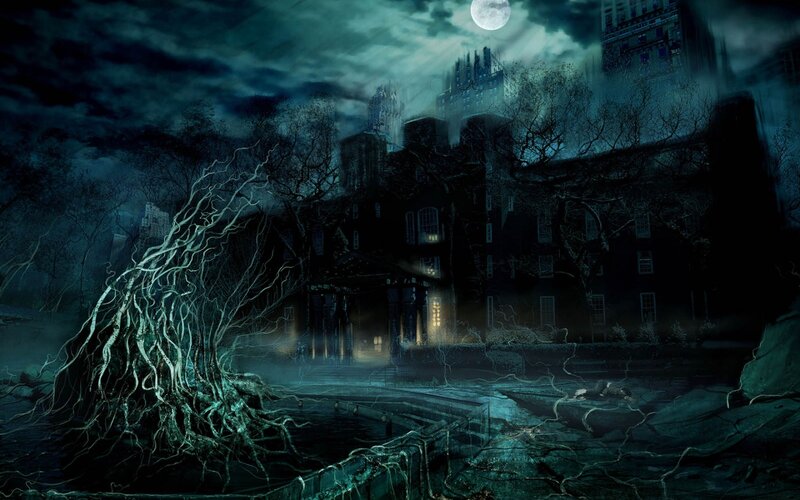 Haunted Mansion at Night — Blue, Dark, Digital Art, Moon, Tree Roots