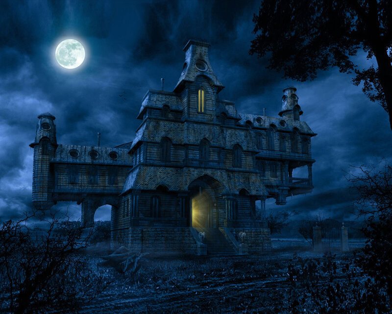 Haunted Mansion at Night — Blue, Dark, Digital Art, Moon, Trees