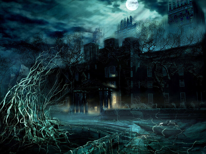 Haunted Mansion at Night — Blue, Dark, Digital Art