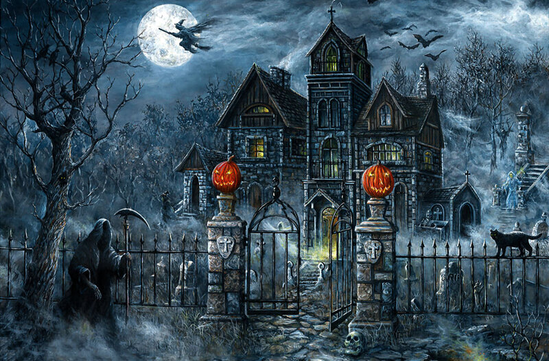 Haunted Mansion at Night — Blue, Dark, Painting