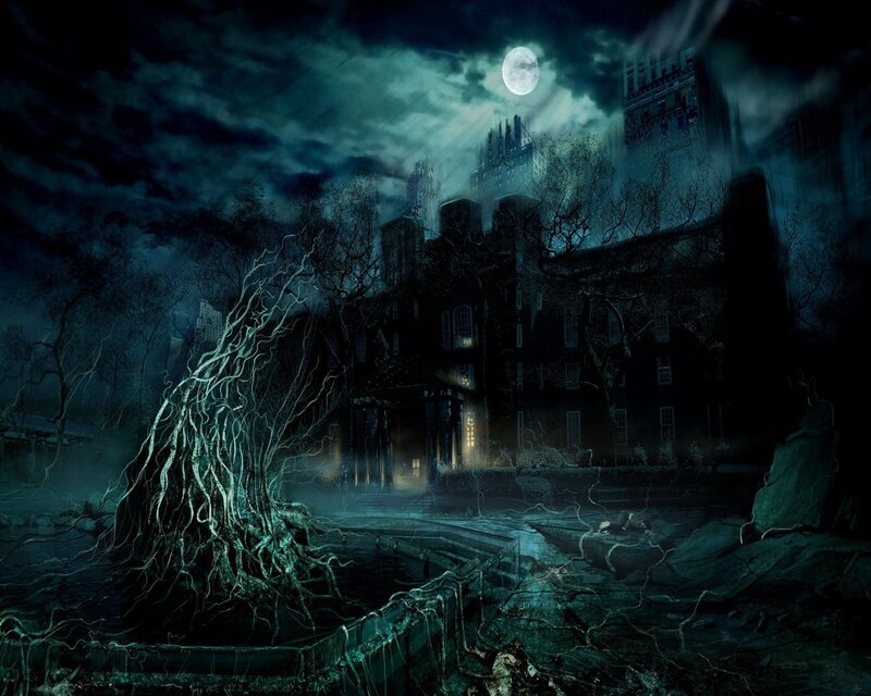 Haunted Mansion at Night — Dark Blue, Eerie, Digital Art