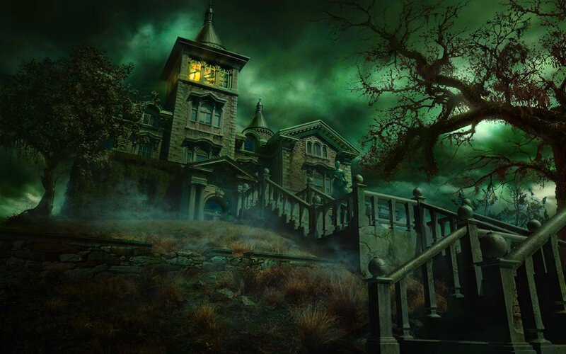 Haunted Mansion at Night — Green, Dark, Eerie