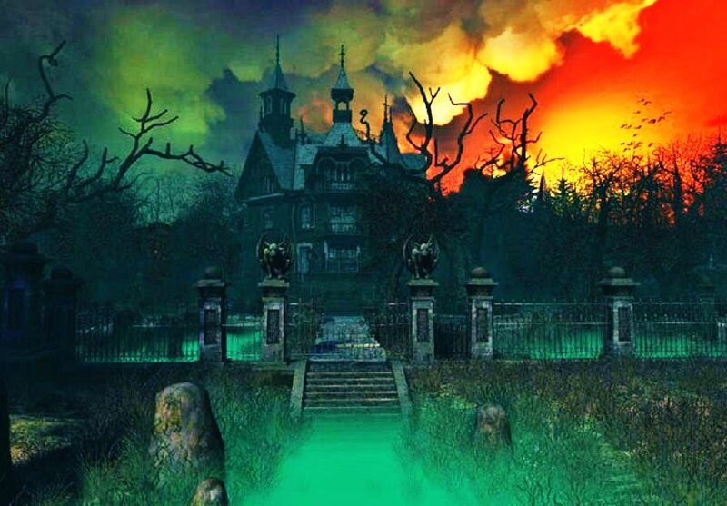 haunted mansion at sunset