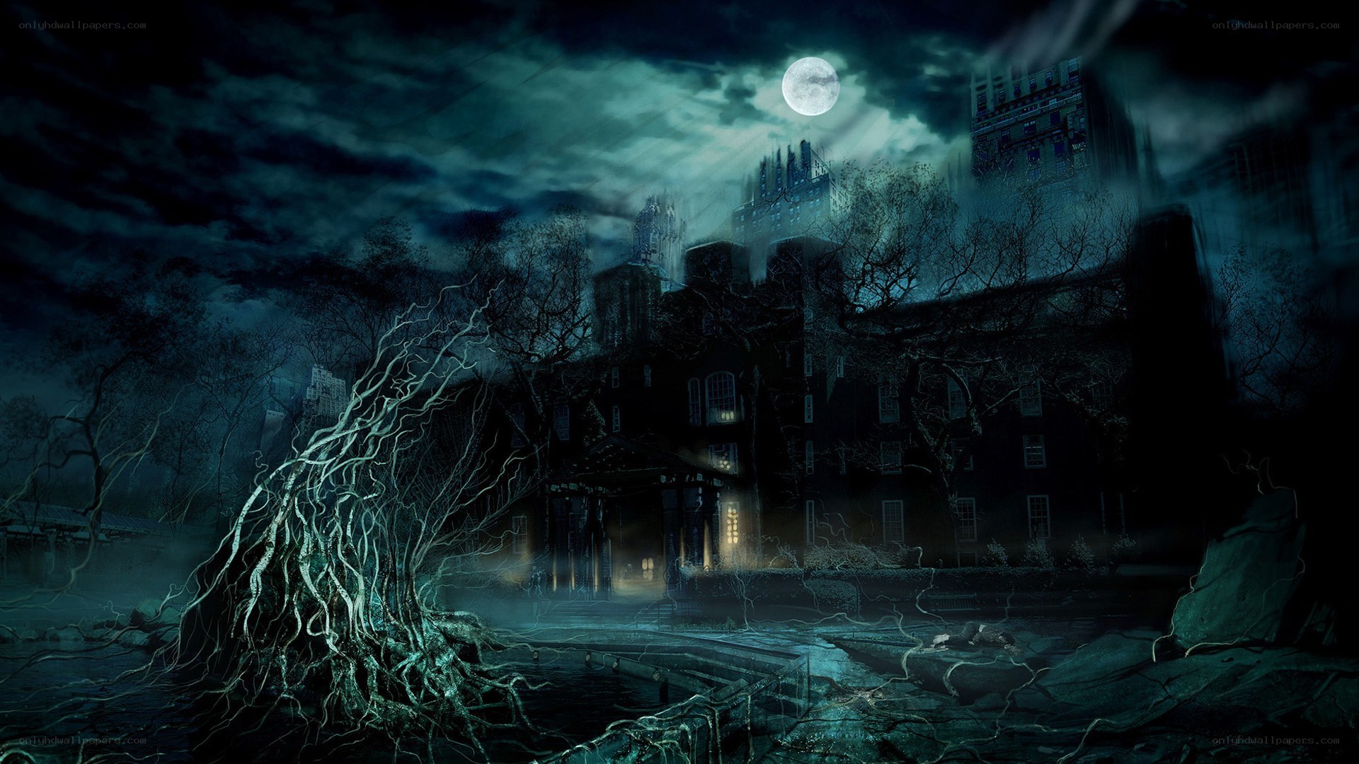 haunted mansion under moonlight