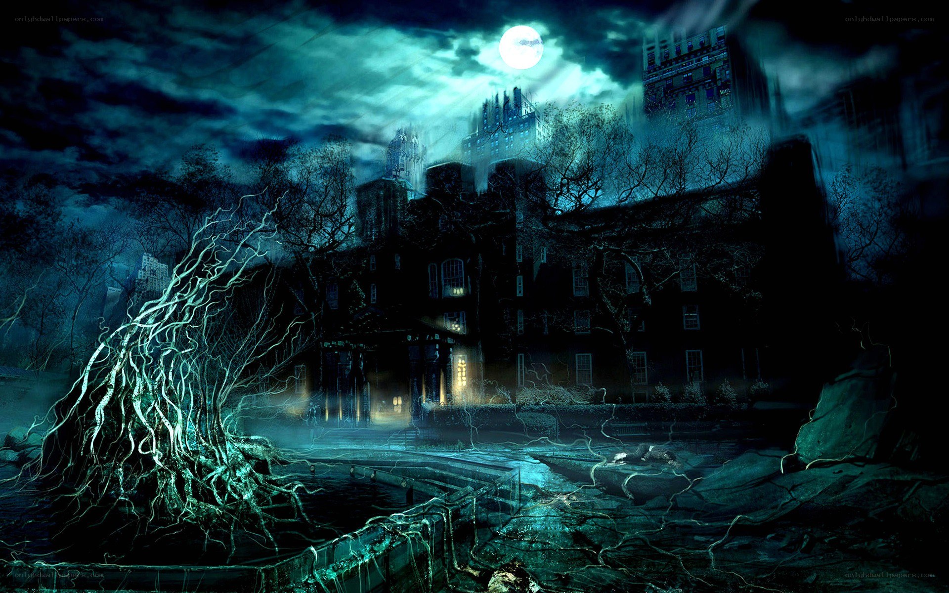 haunted mansion under moonlight