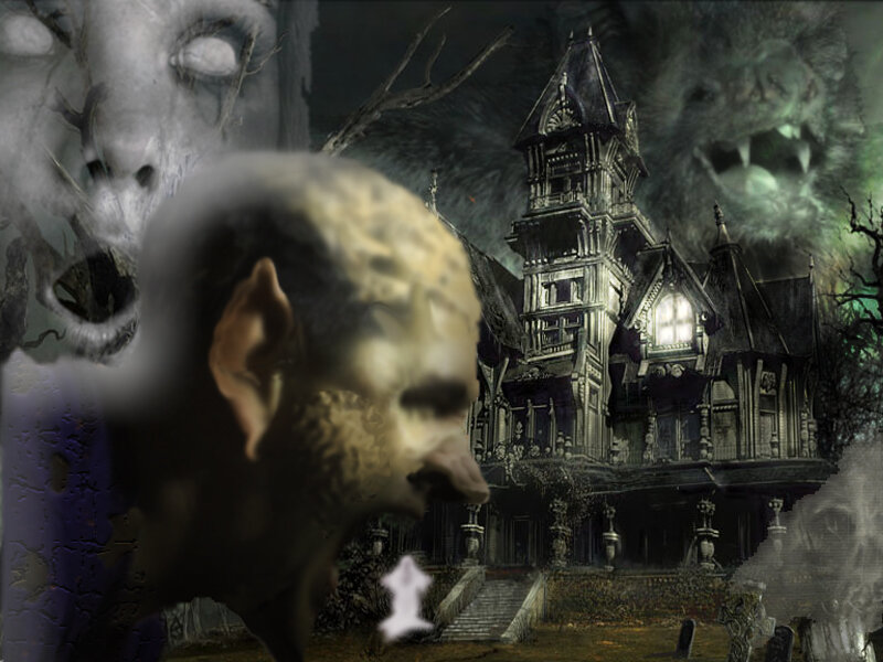 haunted mansion with ghostly figures
