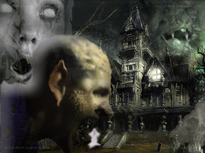 haunted mansion with ghostly figures
