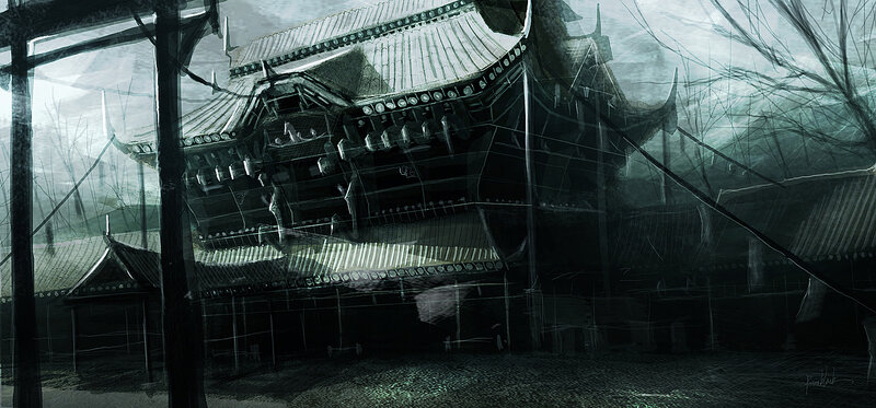 haunted temple in mist