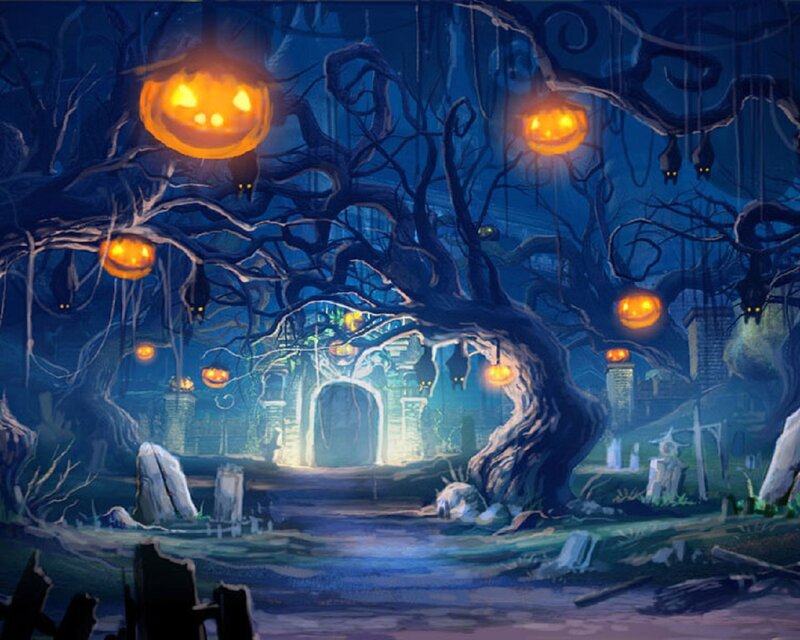 Haunted Tree with Pumpkins — Blue