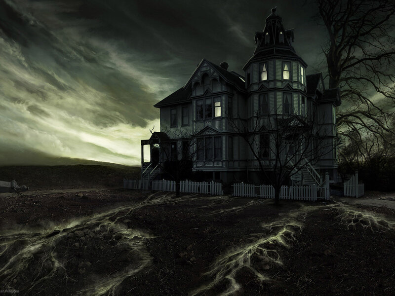 Haunted Victorian House — Black, Eerie, Night, Digital Art